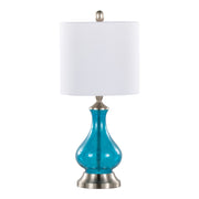Lumi Source Jasmine contemporary table lamp with clear sapphire blue seeded glass, nickel base, and white shade.