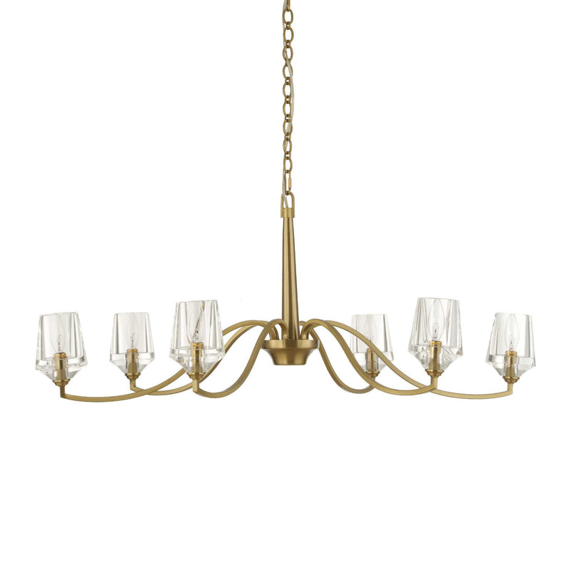 Uttermost Barcelona 6-light brass chandelier with gold finish, featuring elegant curved arms and clear glass shades.