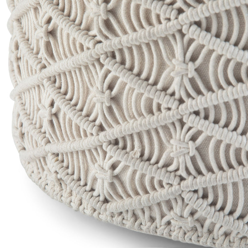 Natural Coates round macrame pouf by Simpli-Home, textured woven fabric accent pouf for seating or decor.