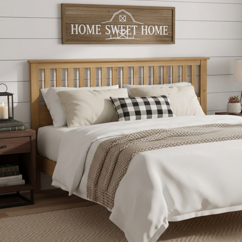 Ridgecrest Home Malinda panel headboard with sleek, modern design in neutral fabric, mounted on a bed frame in a contemporary bedroom setting.