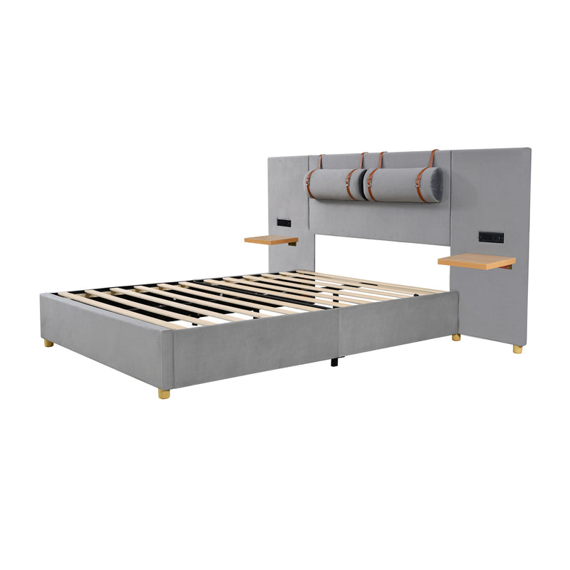Upholstered Platform Bed, 2 Outlets And USB Charging Ports On Both Sides, 2 Bedside Pillows, Storage Shelves - R&R Furniture Gallery (Fountain Valley, CA)