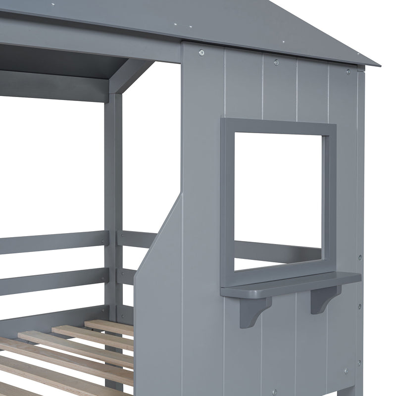 Twin Over Twin Bunk Bed With Roof, Window, Guardrail, Ladder - R&R Furniture Gallery (Fountain Valley, CA)