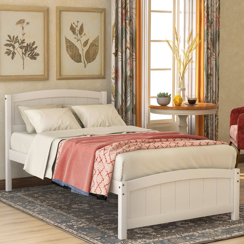 DreamHaus platform bed with headboard, footboard, and wood slat support, showcasing sturdy wooden construction and modern design.