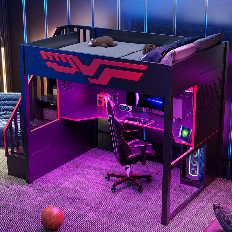 Full Gaming Loft Bed With Desk And Storage Staircase, LED Lights And USB - Red / Black - R&R Furniture Gallery (Fountain Valley, CA)