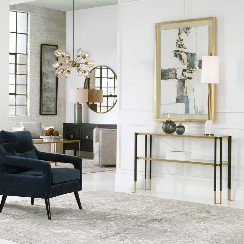 Abstract gold canvas art titled "Crosswalk" by Uttermost, featuring bold brushstrokes and textured modern design.