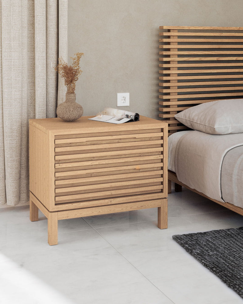 Modus Tanner two-drawer ash wood nightstand in flaxen finish with sleek design and modern style, featuring two spacious drawers.