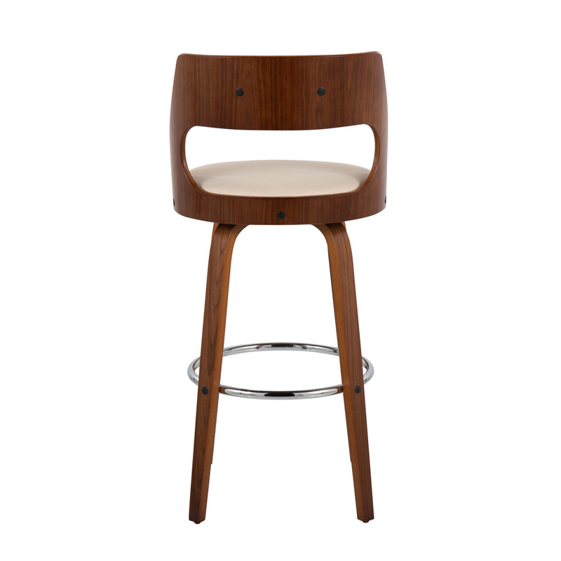 Set of two Lumi Source Cecina mid-century modern barstools with swivel seats, wooden legs, and upholstered cushions.