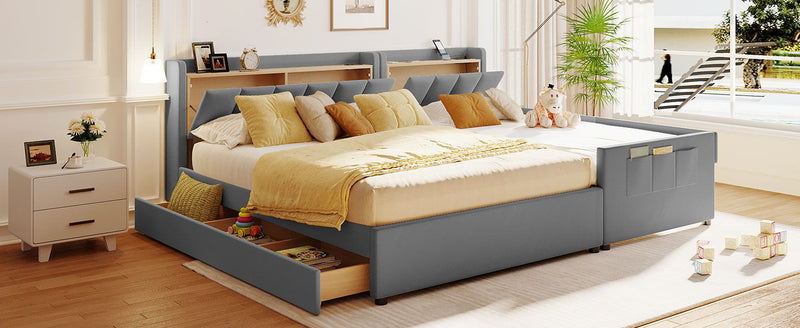 Upholstered Mother & Child Bed With Hydraulic Storage System, Drawer Box, Bedhead Storage Shelf And 2 Pairs Of Sockets & USB Ports - R&R Furniture Gallery (Fountain Valley, CA)