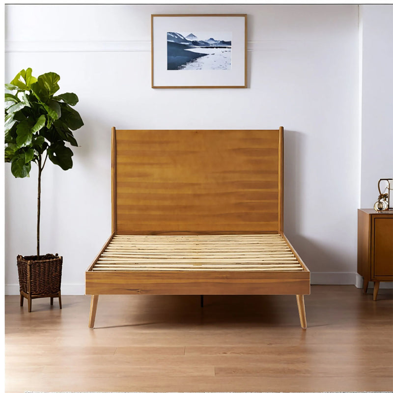 Noble House Okioki mid-century natural stained solid acacia wood platform bed with clean lines and sturdy construction.