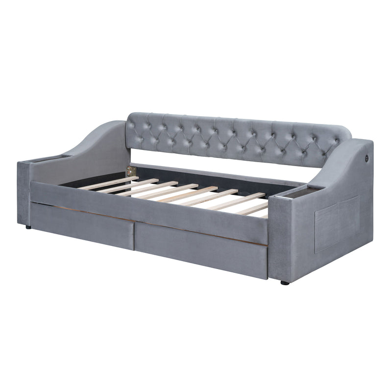 Upholstered Daybed With Storage Armrests And USB Port - R&R Furniture Gallery (Fountain Valley, CA)