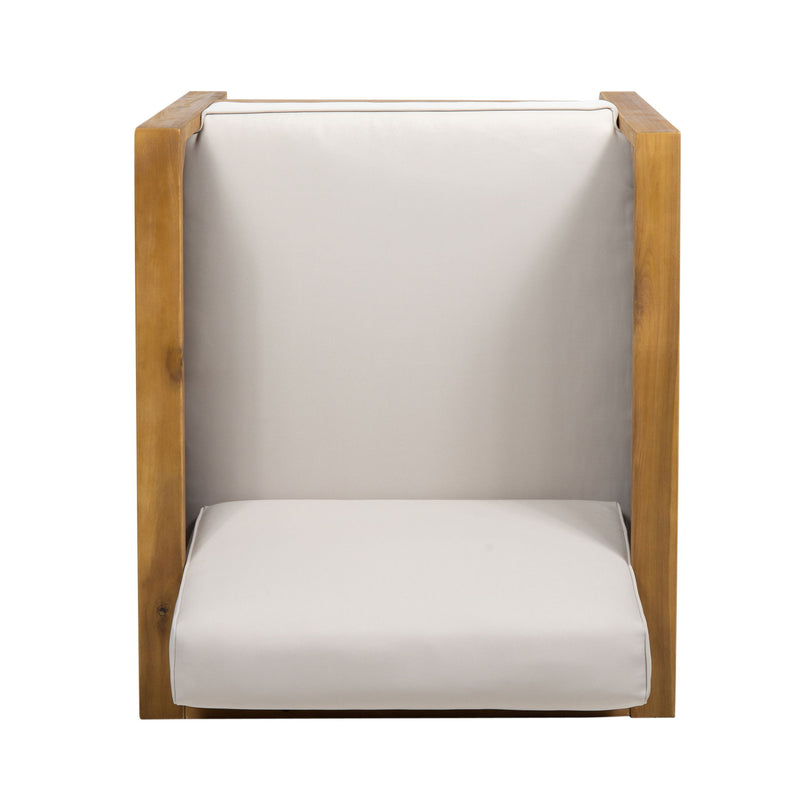 Outdoor acacia wood arm chair with wicker accents, stylish Noble House outdoor furniture for patio or garden seating.
