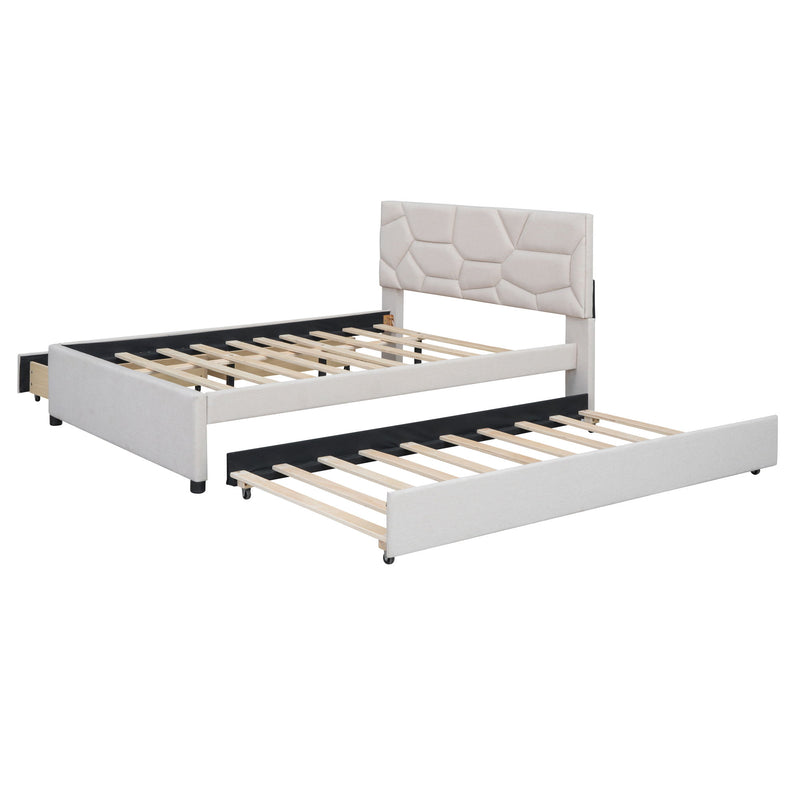 Upholstered Platform Bed With Brick Pattern Headboard And Twin Long Size Trundle - R&R Furniture Gallery (Fountain Valley, CA)