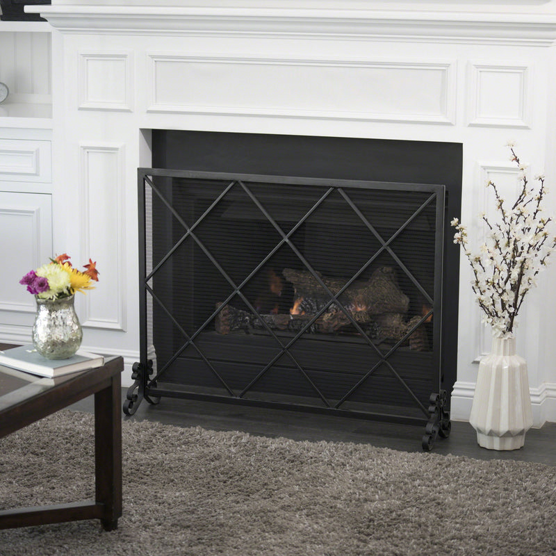 Noble House minimalist single panel iron fireplace screen with diamond pattern, decorative protective barrier for fireplace fireside.