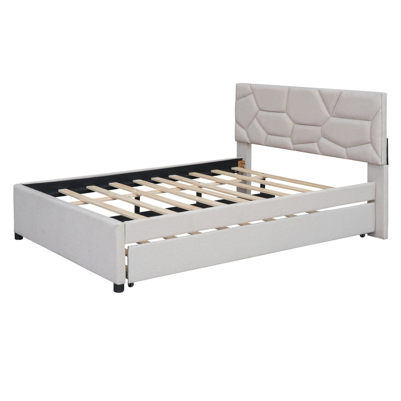 Upholstered Platform Bed With Brick Pattern Headboard And Twin Long Size Trundle - R&R Furniture Gallery (Fountain Valley, CA)