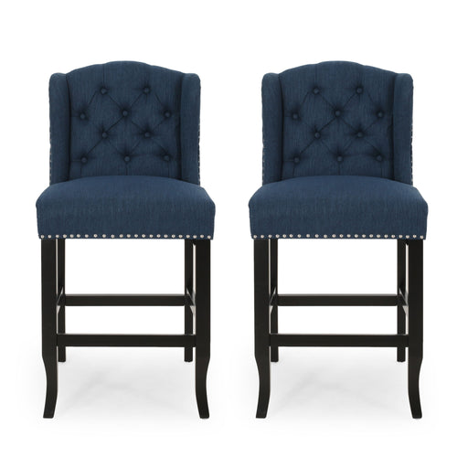 Set of two Noble House Vienna fabric tufted counter stools with nailhead accents, showcasing upholstered seats and stylish design.