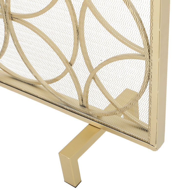 Noble House Thayer single-panel iron fireplace screen with geometric design and black finish, decorative fireplace safety barrier