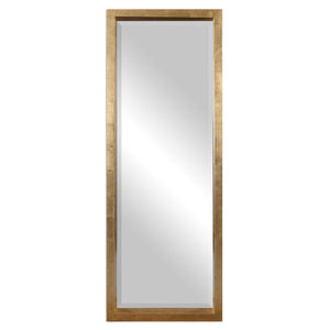 Gold Edmonton Leaner Floor Mirror by Uttermost with a sleek, full-length design and modern frame, standing upright in a contemporary setting.