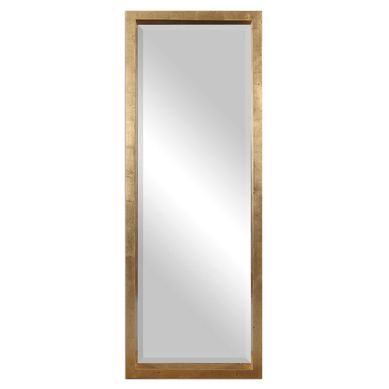 Gold Edmonton Leaner Floor Mirror by Uttermost with a sleek, full-length design and modern frame, standing upright in a contemporary setting.