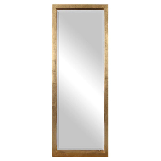 Gold Edmonton Leaner Floor Mirror by Uttermost with a sleek, full-length design and modern frame, standing upright in a contemporary setting.