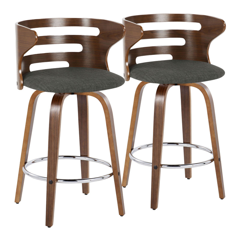 Lumi Source Cosini mid-century modern fixed height barstool set with swivel, round footrest, and sleek wood finish.
