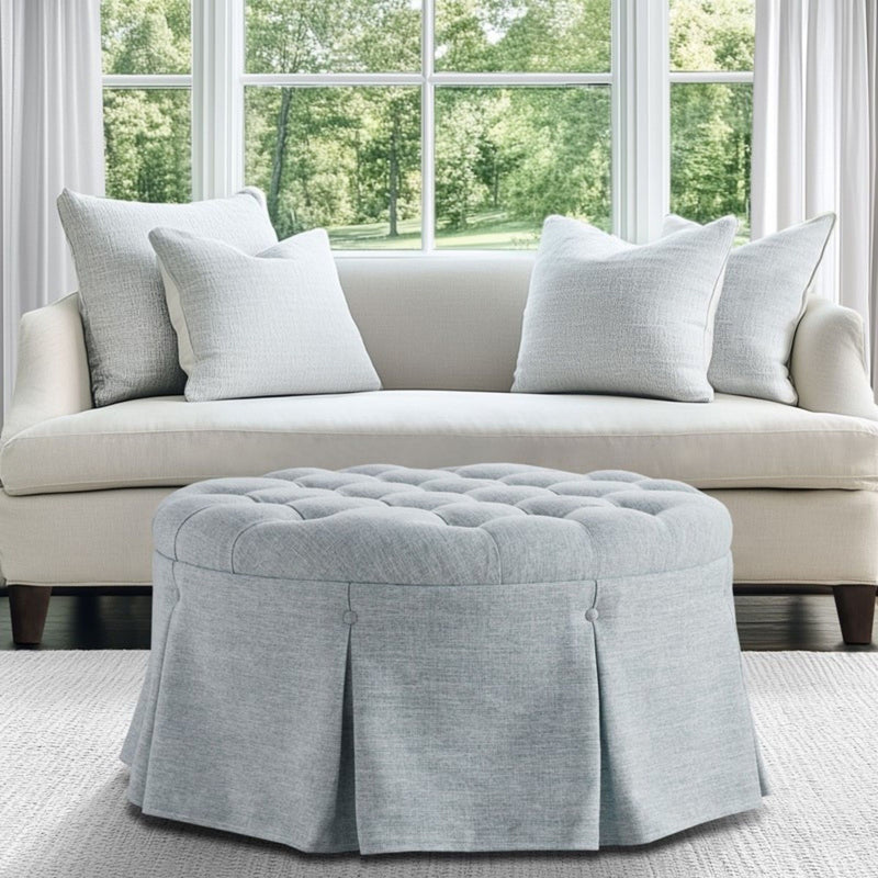 Skirted Tufted Round Ottoman With Button Top - Gray - R&R Furniture Gallery (Fountain Valley, CA)