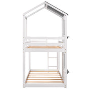 DreamHaus wooden bunk bed with roof, window, guardrail, and ladder for kids' bedroom, sturdy and charming sleep solution.
