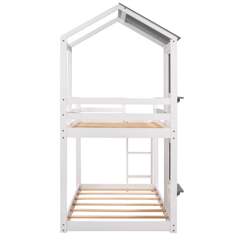 DreamHaus wooden bunk bed with roof, window, guardrail, and ladder for kids' bedroom, sturdy and charming sleep solution.