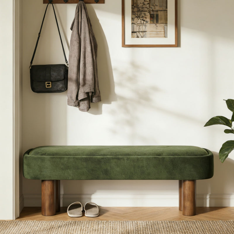 Indoor upholstered dining bench by Noble House with padded seat and wooden legs, ideal for modern dining room seating.