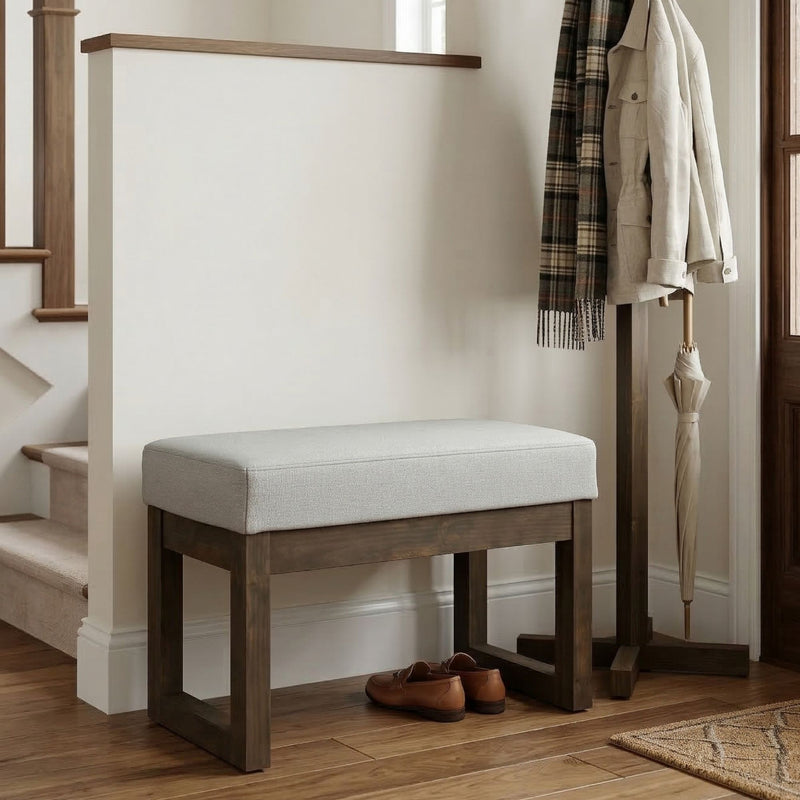 Simpli-Home Milltown upholstered ottoman bench with soft fabric cushion and wooden legs, ideal for living room or entryway seating