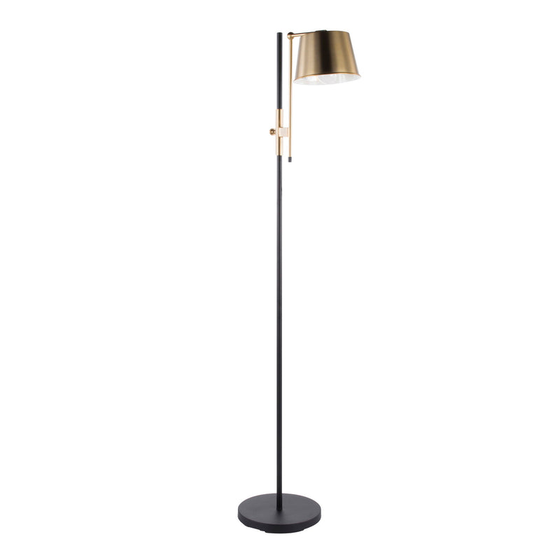 Lumi Source Metric industrial floor lamp with black finish and antique brass accents, featuring adjustable arm and modern design.