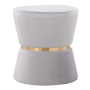 Lumi Source Gemma contemporary accent ottoman in silver and gold with a sleek, modern design and plush upholstered surface.