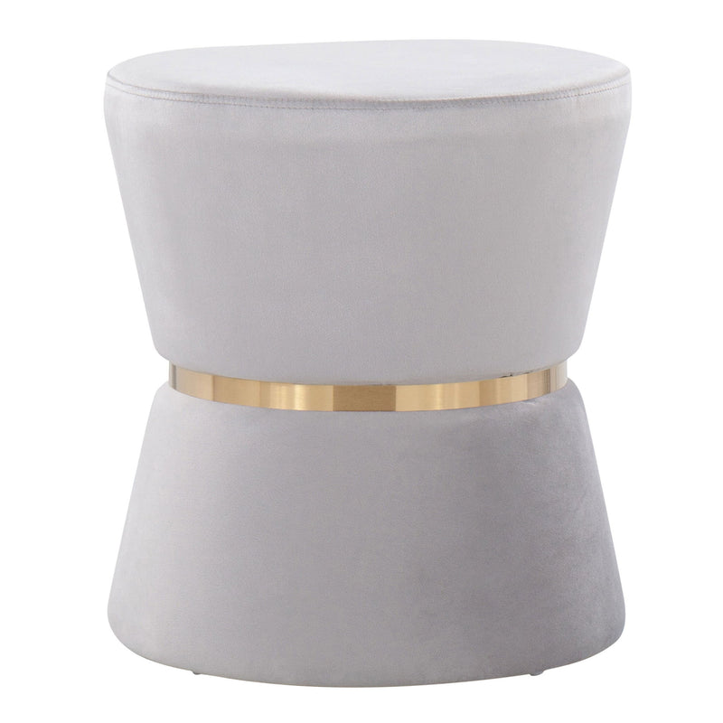 Lumi Source Gemma contemporary accent ottoman in silver and gold with a sleek, modern design and plush upholstered surface.
