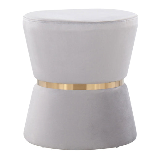 Lumi Source Gemma contemporary accent ottoman in silver and gold with a sleek, modern design and plush upholstered surface.