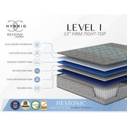 Restonic Comfort Care 13-inch hybrid mattress with firm comfort, showing layered foam and coil support for restful sleep.