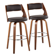 Set of two Lumi Source Cecina mid-century modern barstools with swiveling seats and wooden legs.