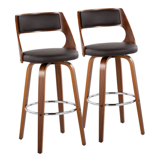 Set of two Lumi Source Cecina mid-century modern barstools with swiveling seats and wooden legs.