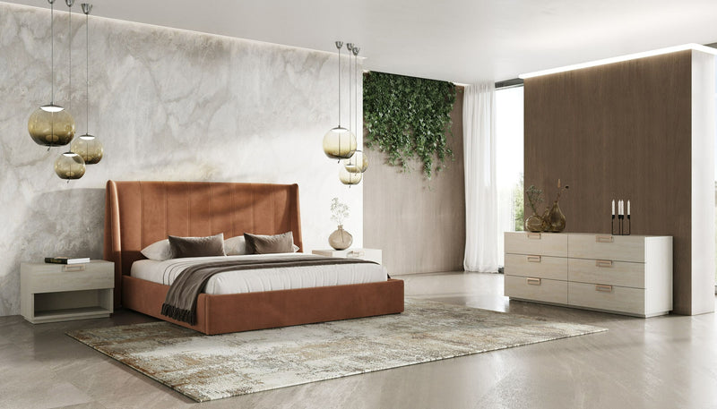 Roma + Lago - Modern Burnt Orange Velvet + Faux Travertine 4-Piece Bedroom Set — view 4
