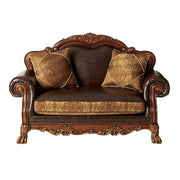 Dresden - Loveseat With 2 Pillows - Brown Synthetic Leather & Chenille, Cherry Oak - R&R Furniture Gallery (Fountain Valley, CA)
