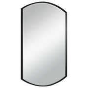 Black shield-shaped iron wall mirror by Uttermost with a bold, modern design and a smooth reflective surface.
