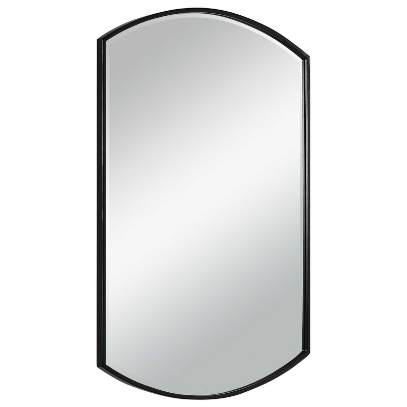 Black shield-shaped iron wall mirror by Uttermost with a bold, modern design and a smooth reflective surface.