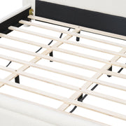 Artistry At Home upholstered platform bed frame with curved headboard and wood slats support, showcasing soft fabric and modern design.