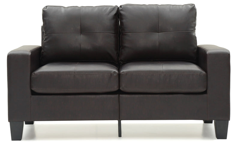 Glory Furniture Newbury track arm loveseat in cozy fabric, stationary design with plush cushions for comfortable seating.