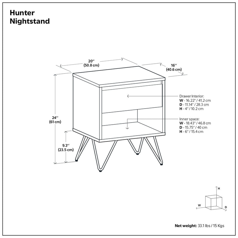 Simpli-Home Hunter accent nightstand with a sleek wooden finish and single drawer, ideal for bedroom storage and decor.
