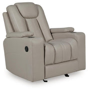 Signature Design by Ashley Elevate Edges coin-colored glider recliner with cushioned armrests and plush upholstery.