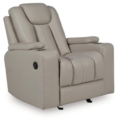 Signature Design by Ashley Elevate Edges coin-colored glider recliner with cushioned armrests and plush upholstery.