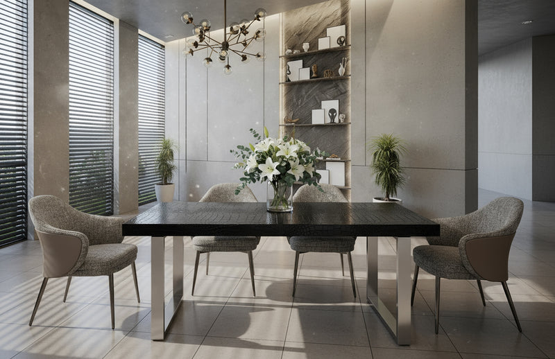 Skyline + Cora - Modern Black Crocodile + Grey Fabric & Leatherette Dining Set — view 5
