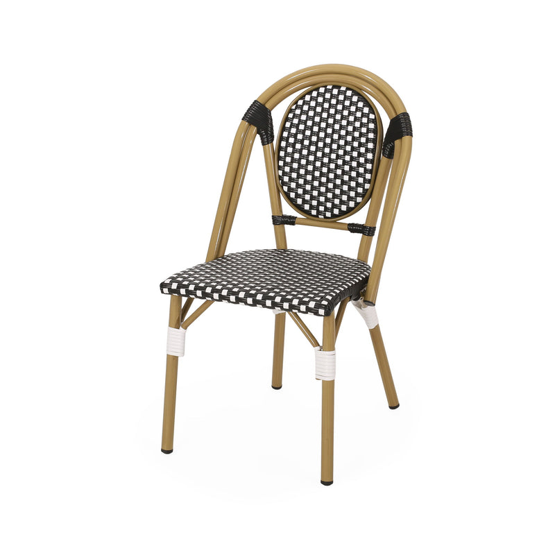 Outdoor rattan and aluminum French bistro chair set by Noble House, featuring two stylish, weather-resistant patio chairs.