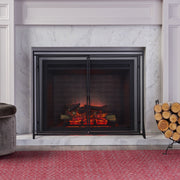 Noble House Samantha iron fireplace screen with two door design, decorative metal frame and protective mesh for fireplace safety.
