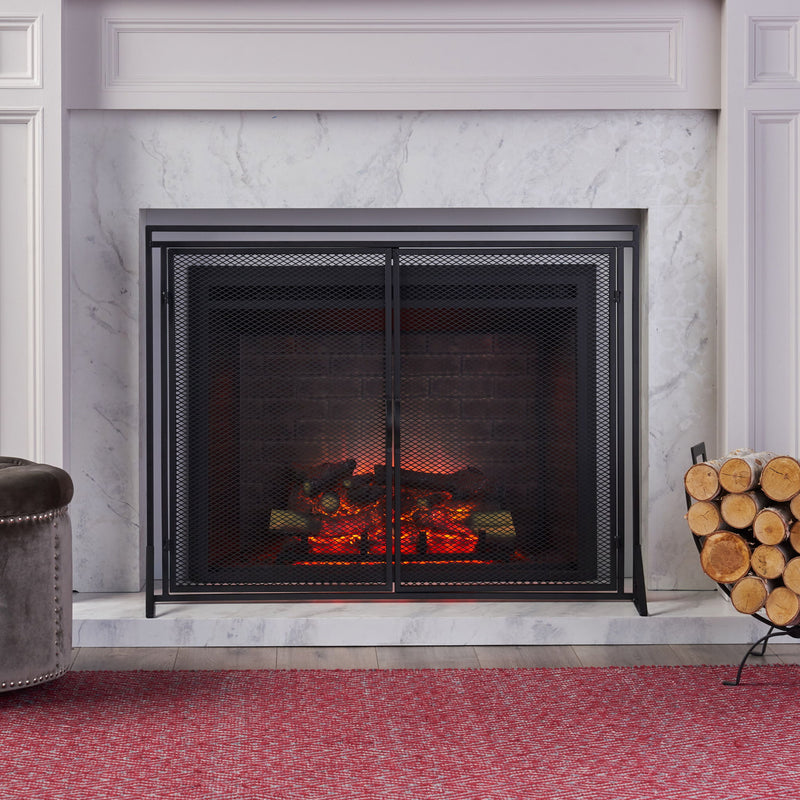 Noble House Samantha iron fireplace screen with two door design, decorative metal frame and protective mesh for fireplace safety.