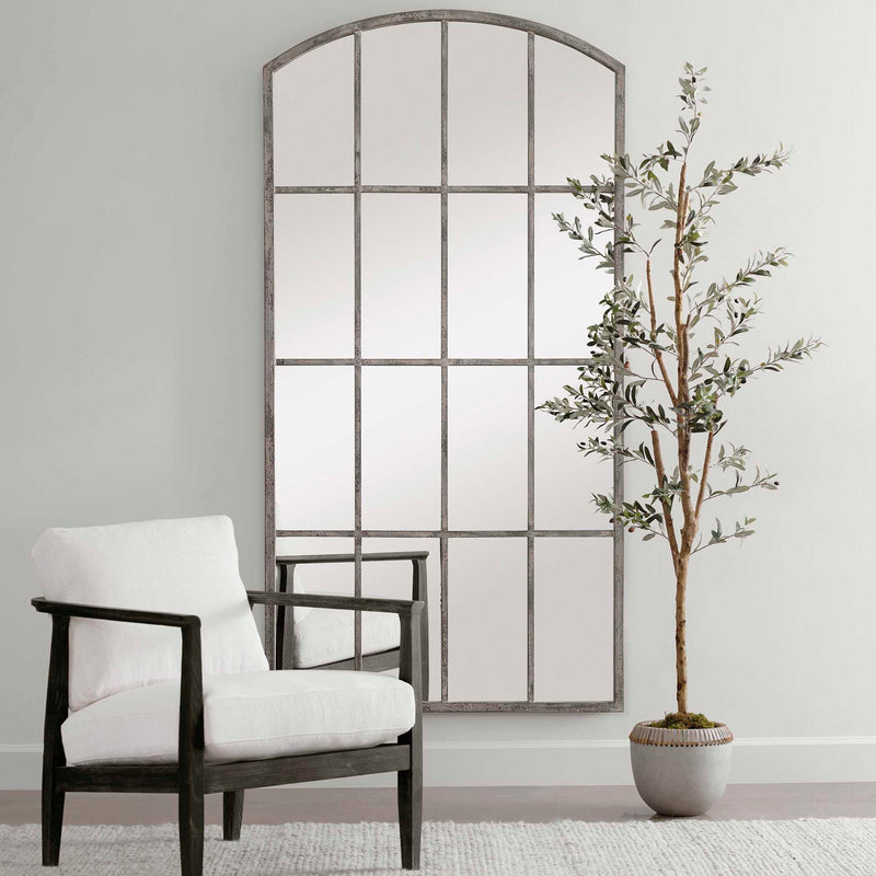 Uttermost Amiel arched wall mirror with ivory frame, featuring elegant curved design and reflective glass for decorative wall decor.